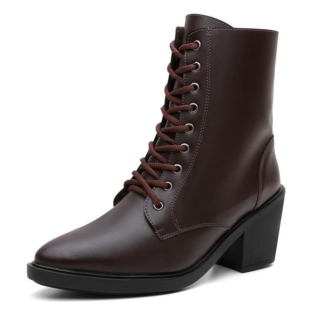 Bota Feminina Cano Alto Cadarços Bico Fino Salto Baixo