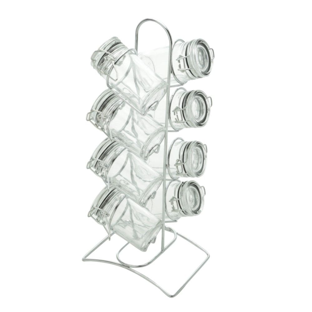 Porta Temperos 8 peças de Vidro com Tampa Hermética e Suporte de Metal Cromado Lyor