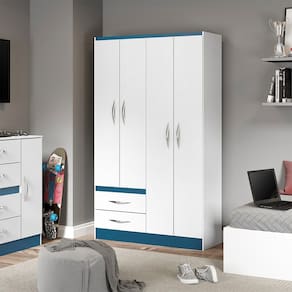 Guarda-Roupa Infantil com 4 Portas 2 Gavetas 105x179cm MDP Branco Azul Menu Móveis