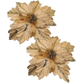 Kit 12 Flores Artificial Madeira Glitter Dourado Natal 25cm