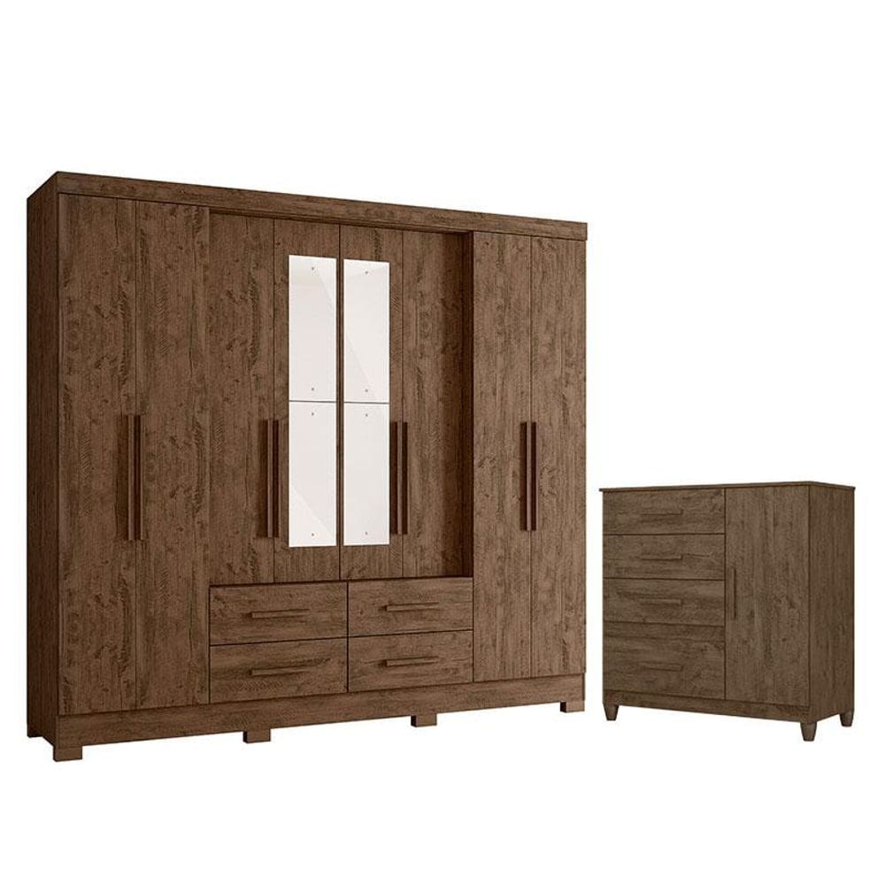 Guarda Roupa Casal San Lorenzo com Espelho e Cômoda Vênus com Pés Castanho Wood Flex- Moval
