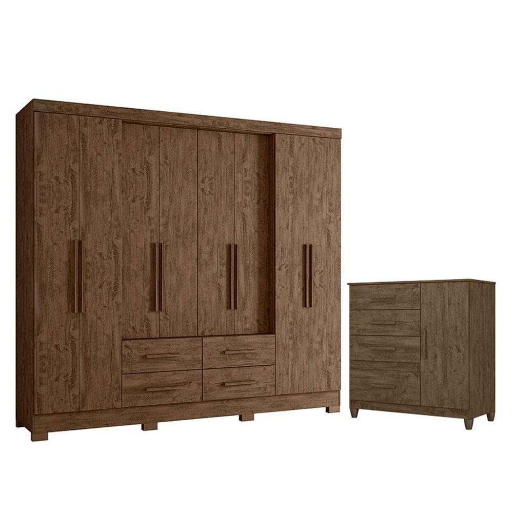 Guarda Roupa Casal San Lorenzo e Cômoda Vênus com Pés Castanho Wood Flex- Moval