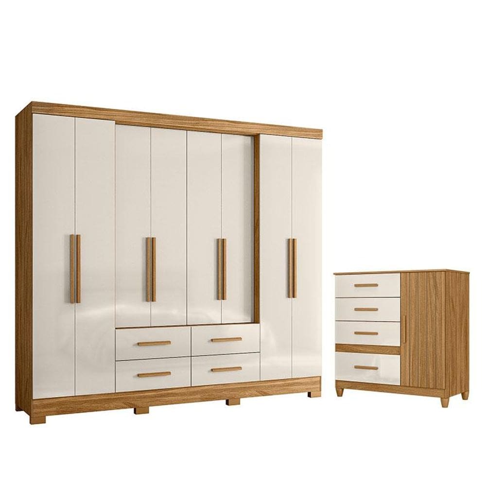 Guarda Roupa Casal San Lorenzo e Cômoda Vênus com Pés Freijó Off White - Moval