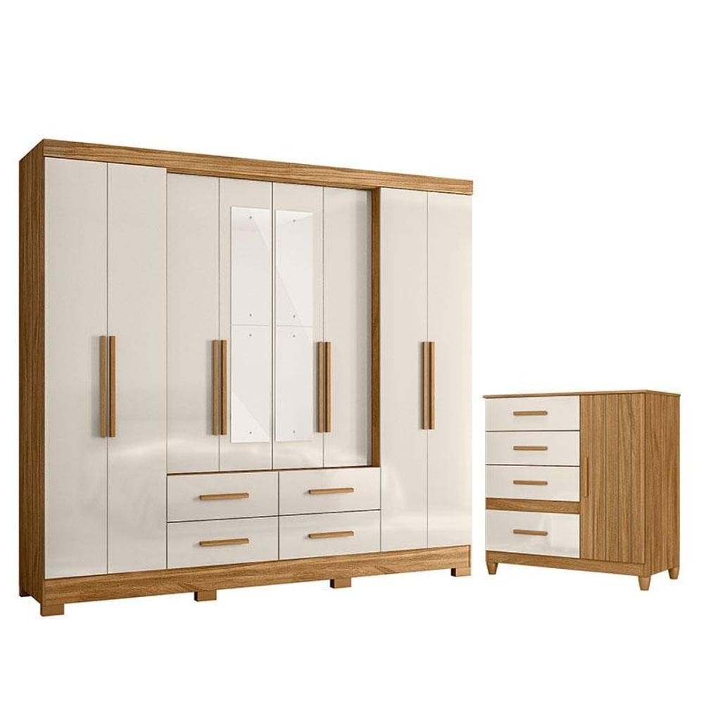 Guarda Roupa Casal San Lorenzo com Espelho e Cômoda Vênus com Pés Freijó Off White - Moval