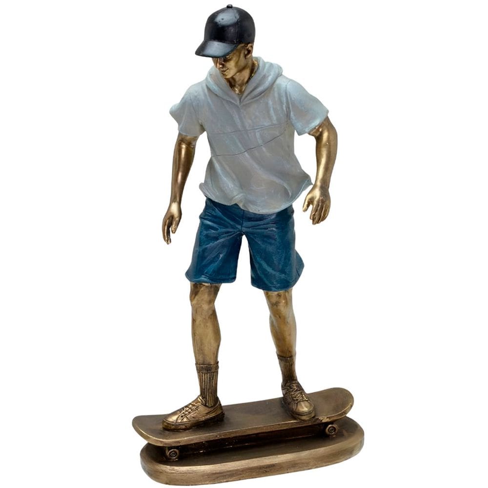 Estatueta Decorativa Skatista Skate Escultura Em Resina 27cm