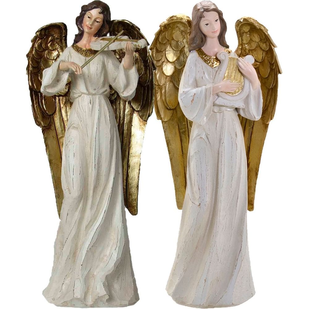 Dupla Anjos Músico Harpista Violinista Em Resina Natal 38cm