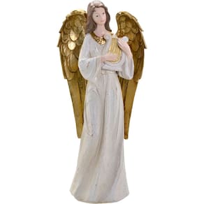 Decoração Anjo Musico Harpa Ouro Resina Enfeite Natal 38cm