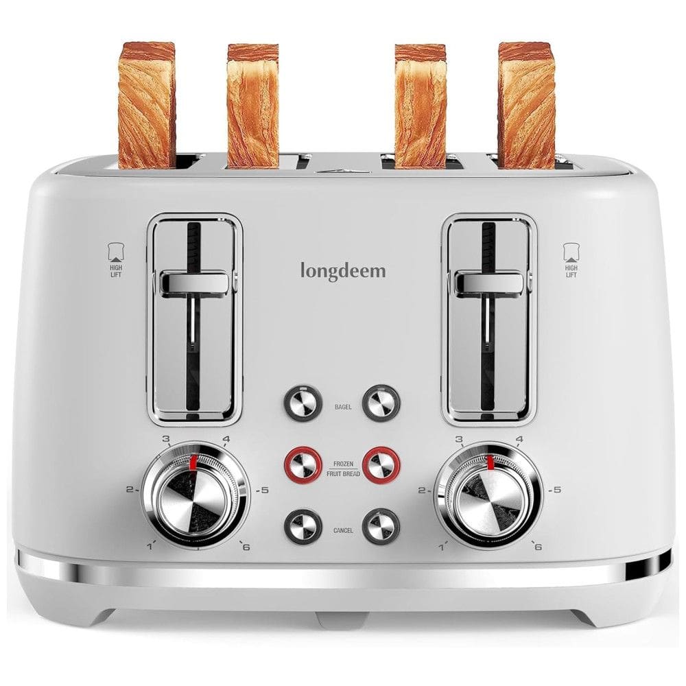 Torradeira Retrô 4 Fatias com Desligamento Automático e 6 Níveis de Tostagem, 110V 1500W, LONGDEEM, Branca