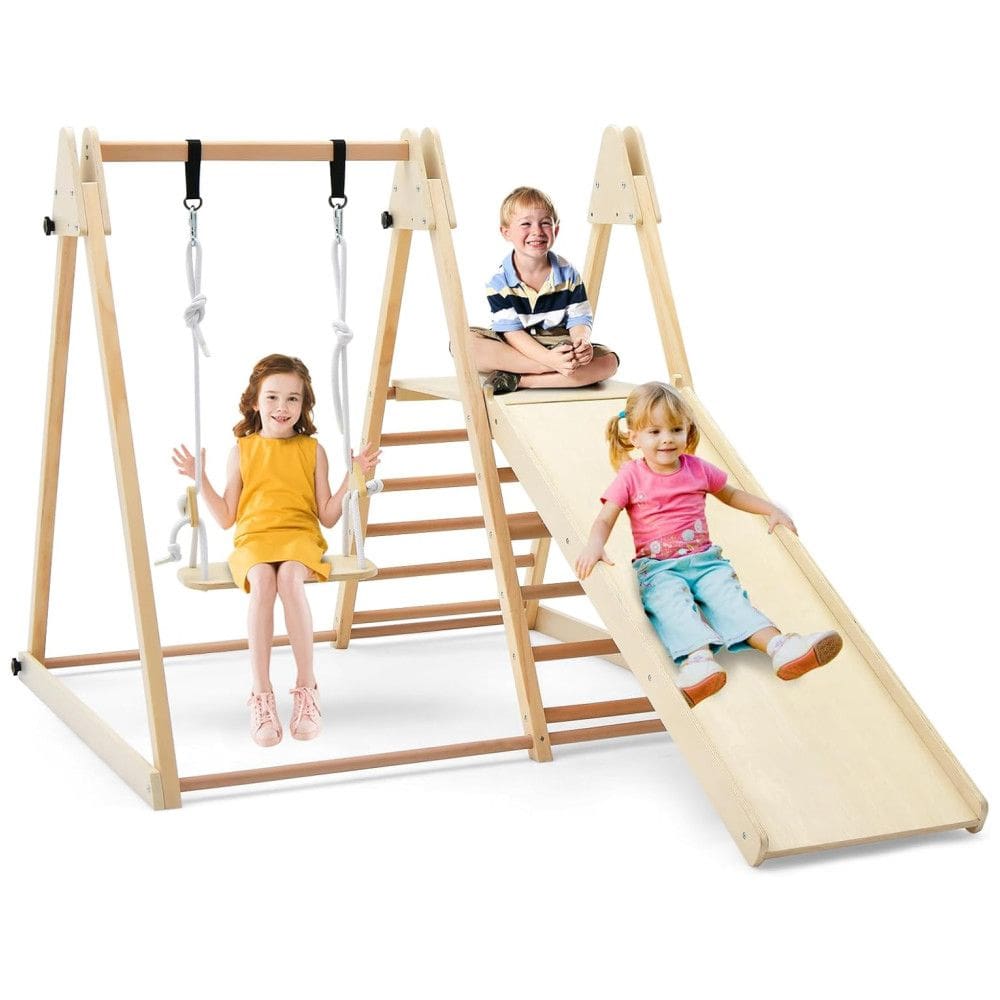 Playground HONEY JOY Indoor 5-em-1 Para Crianças, Com Balanço, Rampa Escorregador, Escada e Parede de Escalada, Dobrável, Estilo Montessori