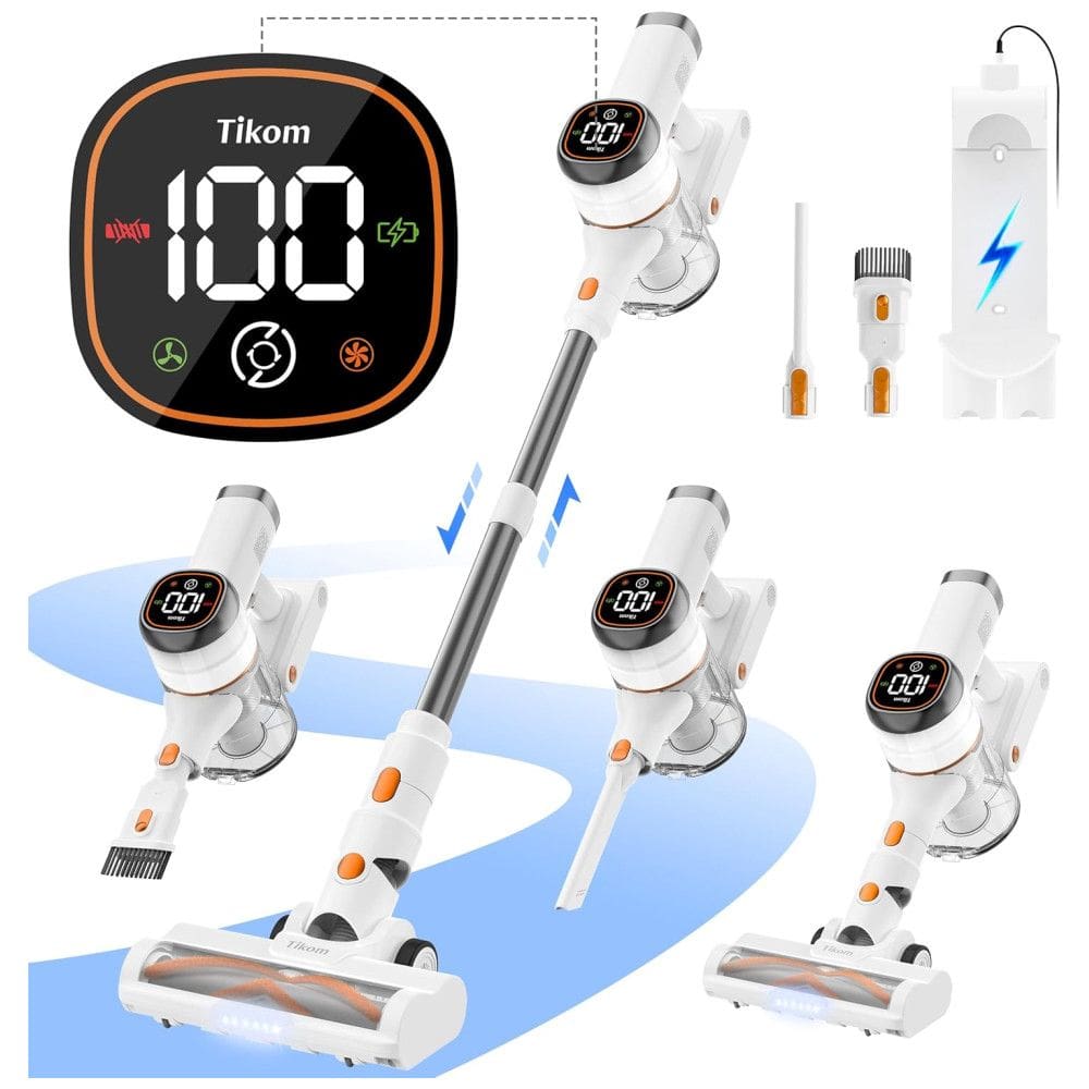 Aspirador de Pó Sem Fio Tikom V500 para Casa, 40 kPa 450W com Tela LED Touch, Base de Carregamento na Parede, Anti-Emaranhado, Leve para