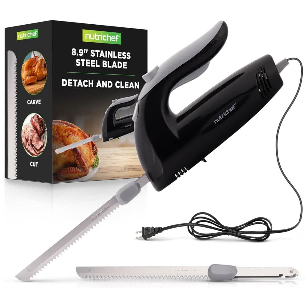 Faca Elétrica NutriChef Premium - Lâminas Serrilhadas, Design Ergonômico, Fácil de Limpar - Ideal para Carnes, Queijos - Preto PKELKN8