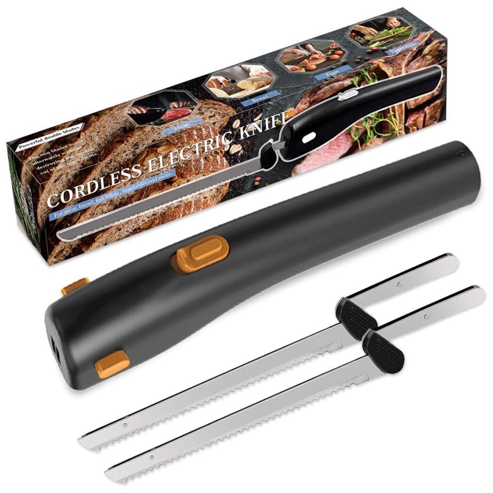 Facas Elétricas sem Fio com 2 Lâminas 20 cm, Recarregáveis, Trava de Segurança, Cabo Ergonômico, para Carnes, Pães, Peixes, Queijos e