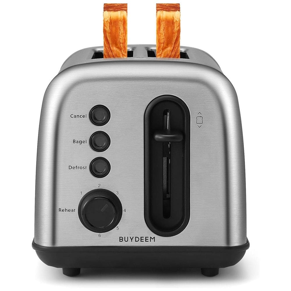 Torradeira BUYDEEM DT420 2 Fatias em Aço Inoxidável com Slots Extra Largos, 6 Configurações de Tostagem, Design Compacto Retro Prateado