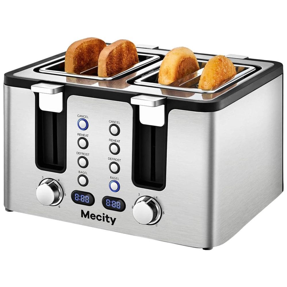 Torradeira Mecity 4 Fatias em Aço Inoxidável com Suporte Aquecido - Design Moderno e Prático com 6 Níveis de Tostagem