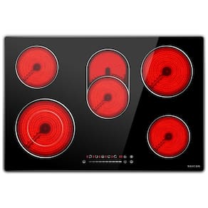 Cooktop Elétrico Noxton 76 cm, 8400W 5 Bocas Embutido, Fogão Elétrico Radiante Vidro Temperado, Controle Touch e Moldura Metálica