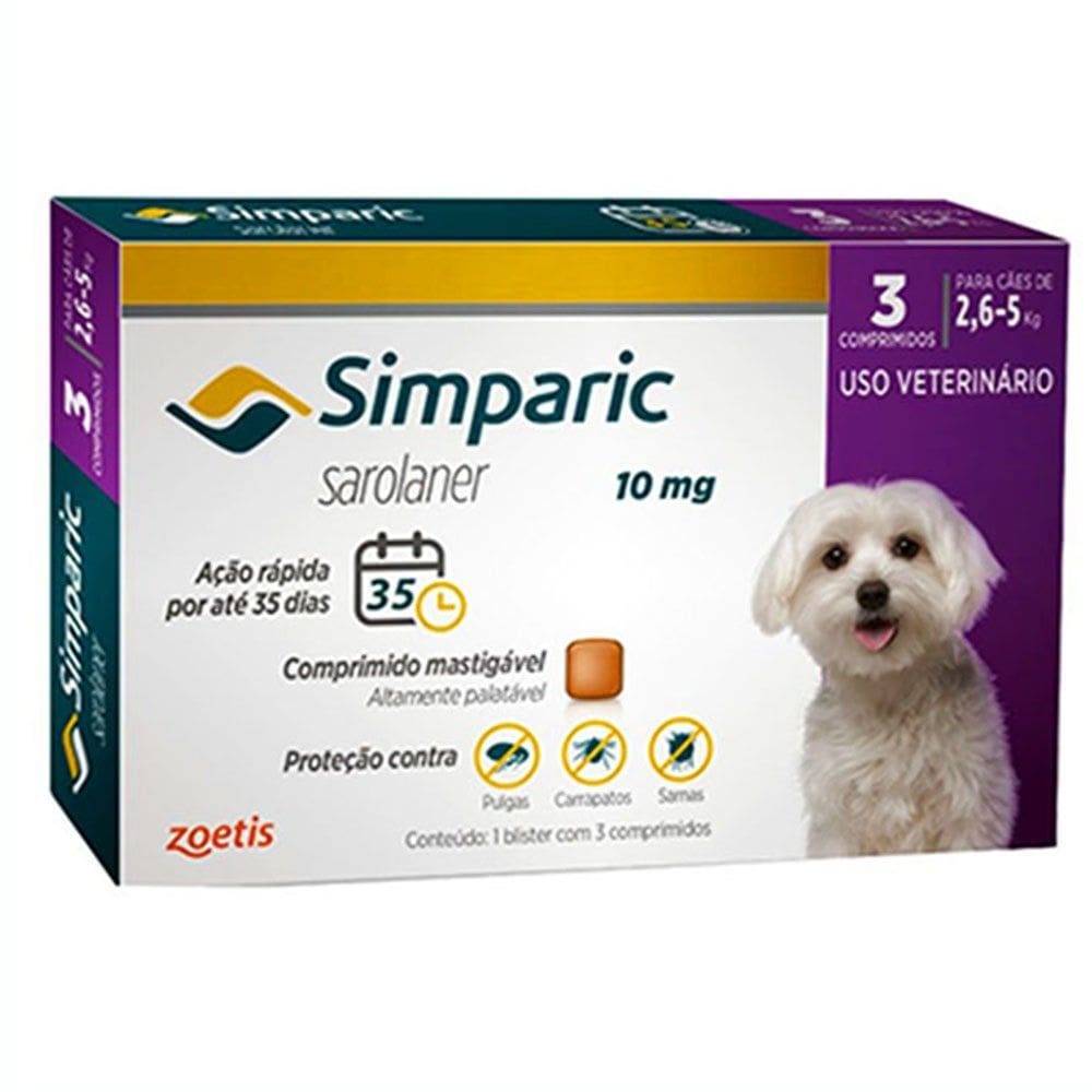 Simparic Antipulgas E Carrapatos 10mg Para Cães de 2,6 a 5kg 3 Comprimidos