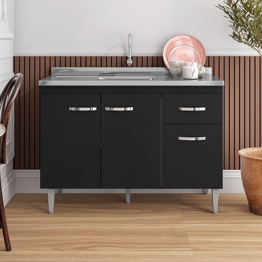 Balcão Gabriela com Pia e Cuba GhelPlus 120cm Preto AJL Móveis