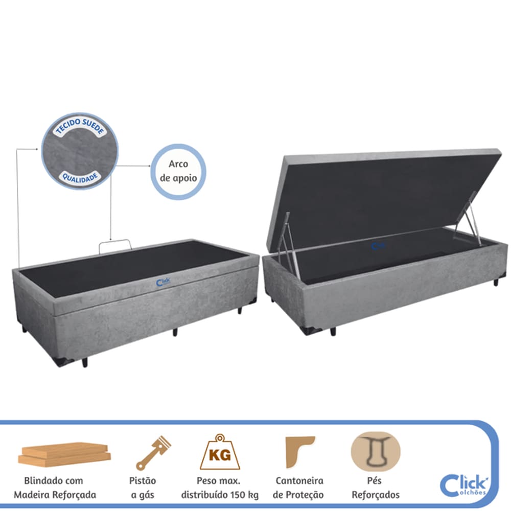 Cama Box Baú Solteiro Blindado 78x188x42 - Blindado - Suede - Ideal para Quartos pequenos