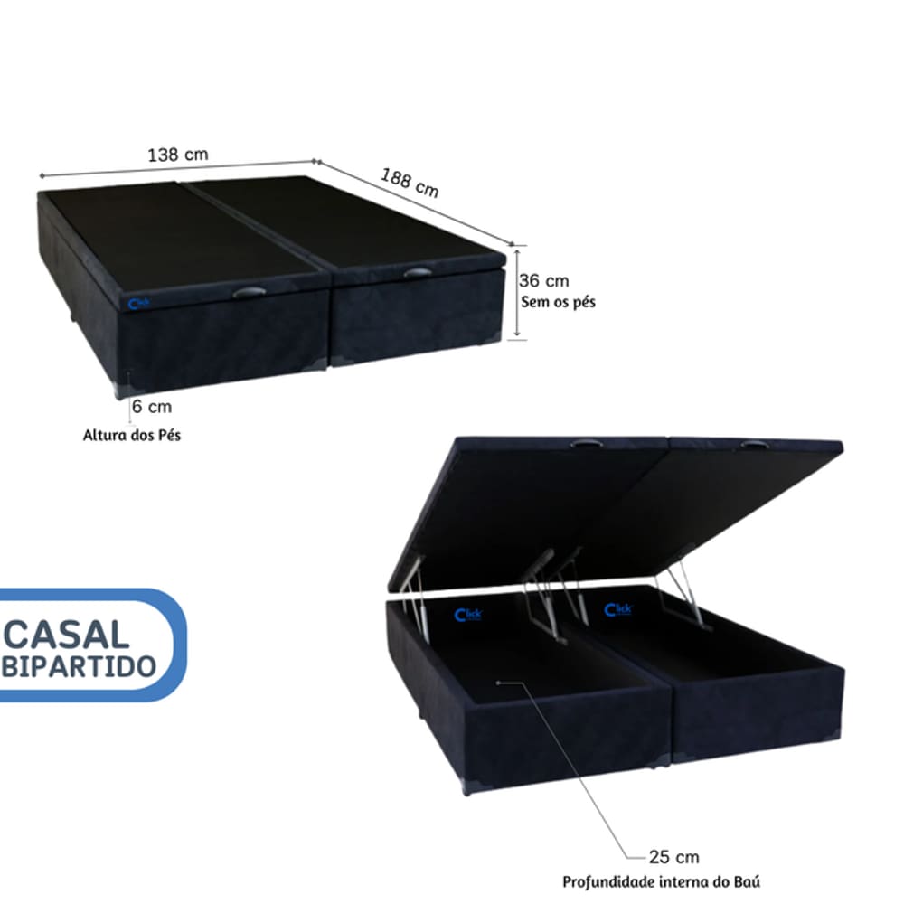 Cama Box Baú Casal Bipartido Blindado 138x188x42 Suede Perfeita para Apartamentos Transporte Fácil