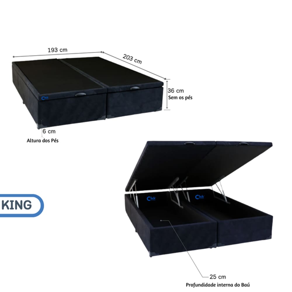 Cama Box Baú King Bipartido Blindado 193x203x42 - Tecido Suede - Mais Espaço para Dormir e Organizar Fino Acabamento