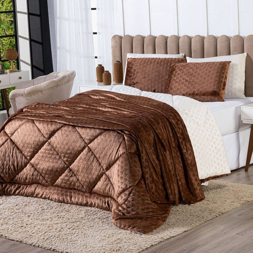 Kit Coberdrom Encanto Manta Dupla Face SOLTEIRO com Fronha 02 Peças - Mantinha Plush Fleece Corações em Alto Relevo