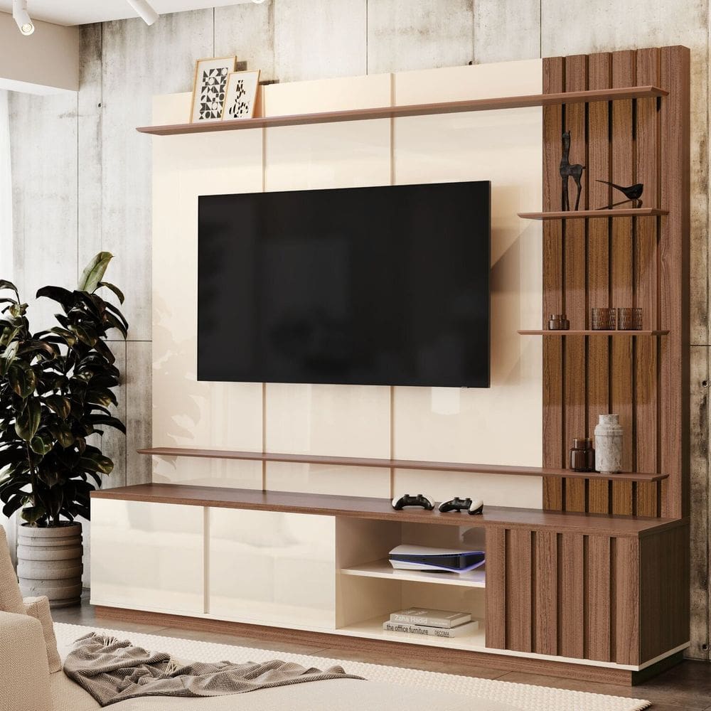 Estante Home para Tv 75 Polegadas Reno Off White / Nogueira