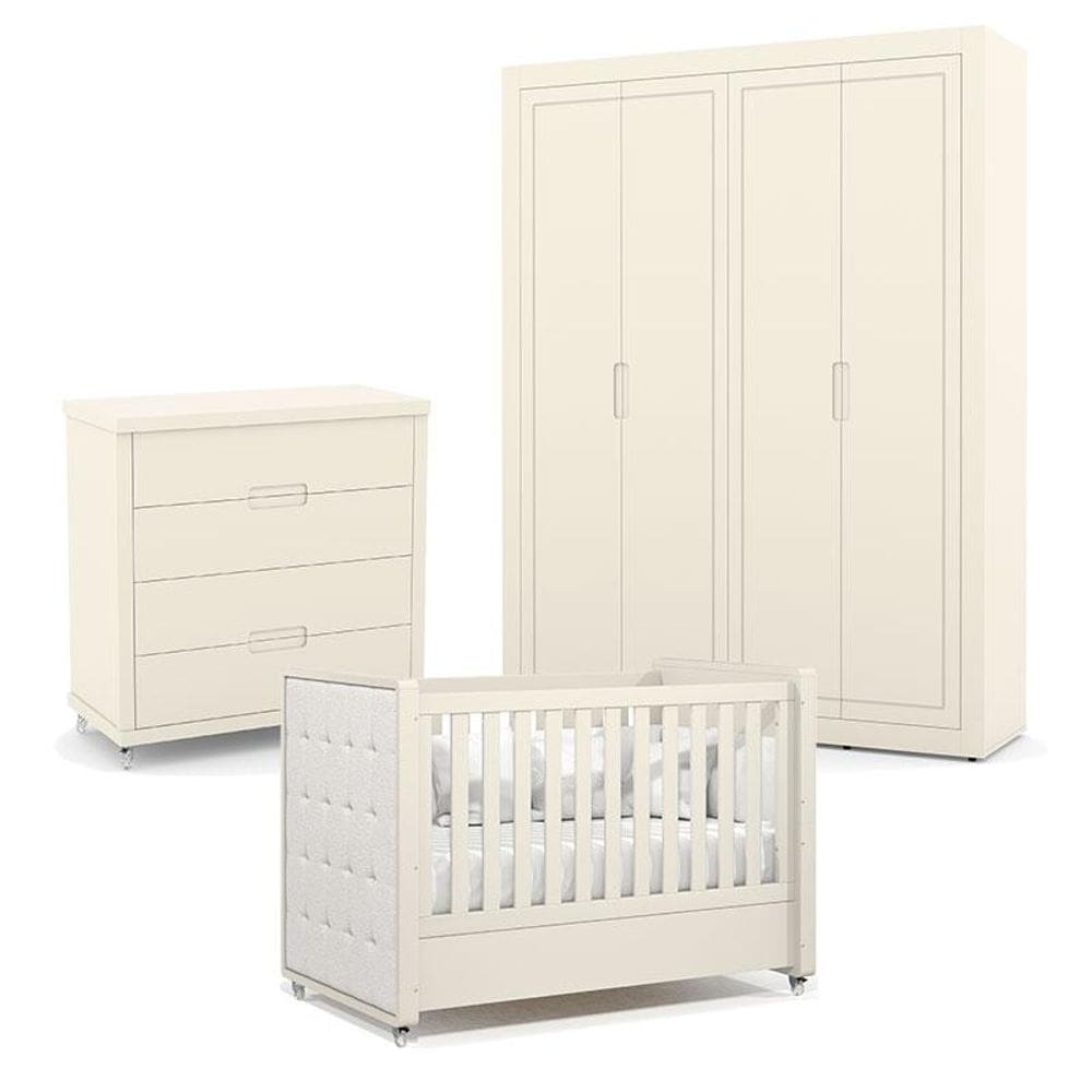 Quarto de Bebe 4 Portas Tutto New com Capitonê New Boucle e Gaveteiro Off White - Matic