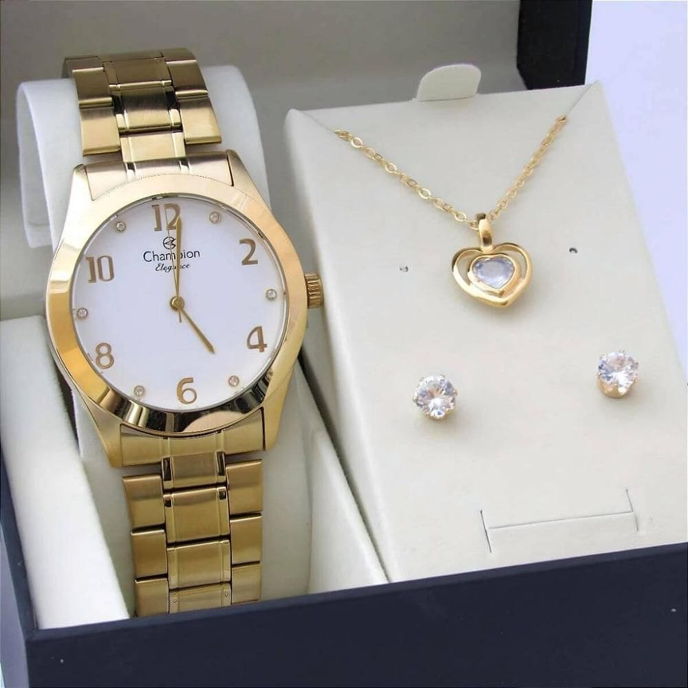 Kit Relógio Champion Feminino CN26911W com Colar e Brincos