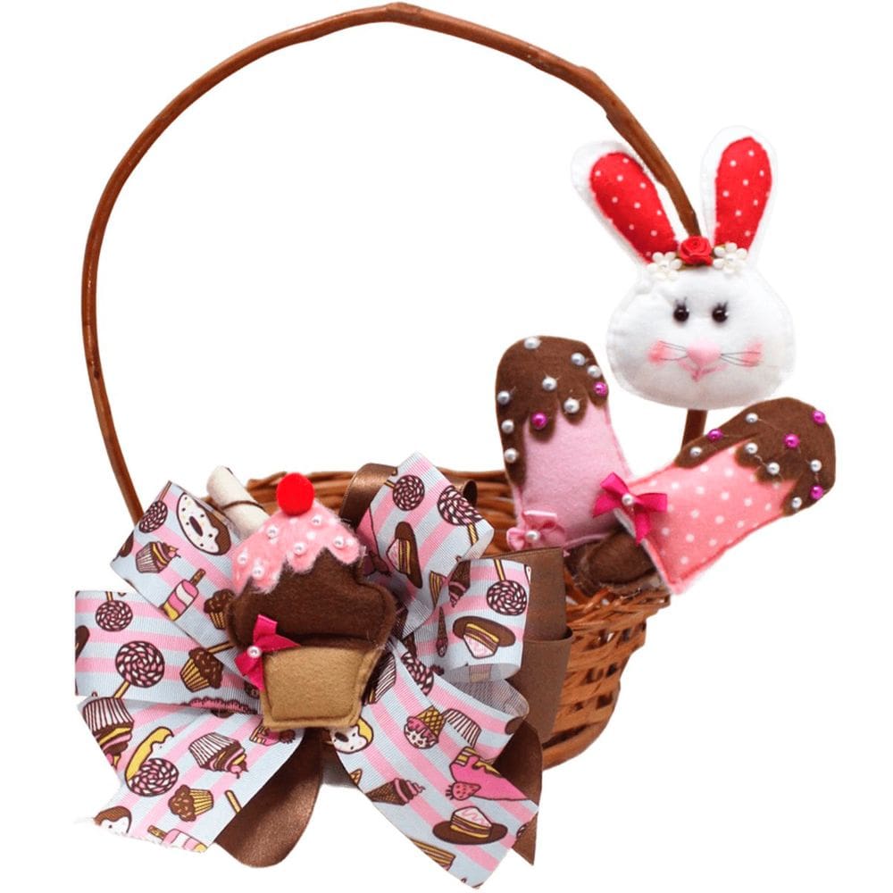 Cesta De Páscoa Decoração Artesanal Coelho Rosa Docinho 30cm