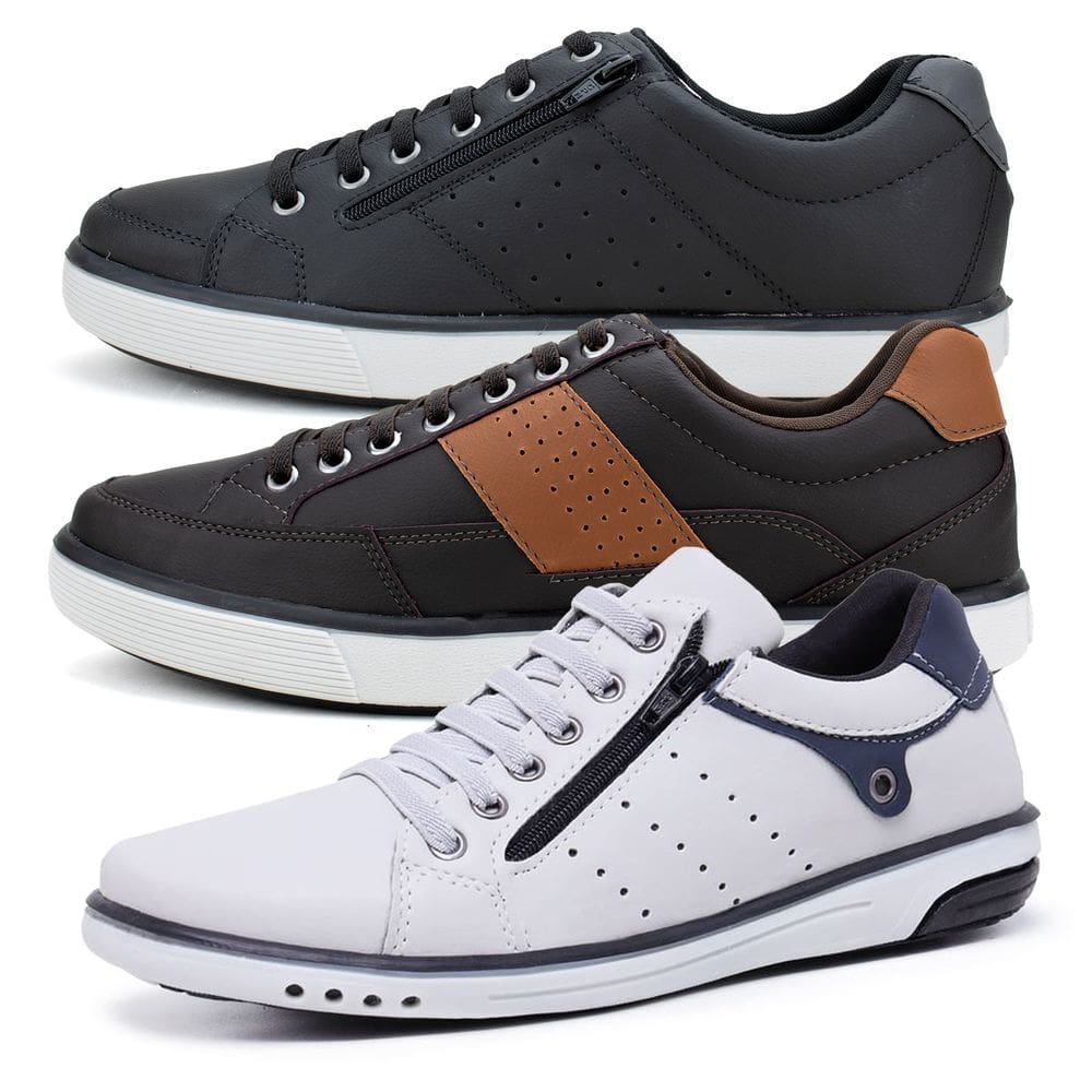 Kit 3 Sapatênis Casual Masculinos Fechamento Elástico Zíper