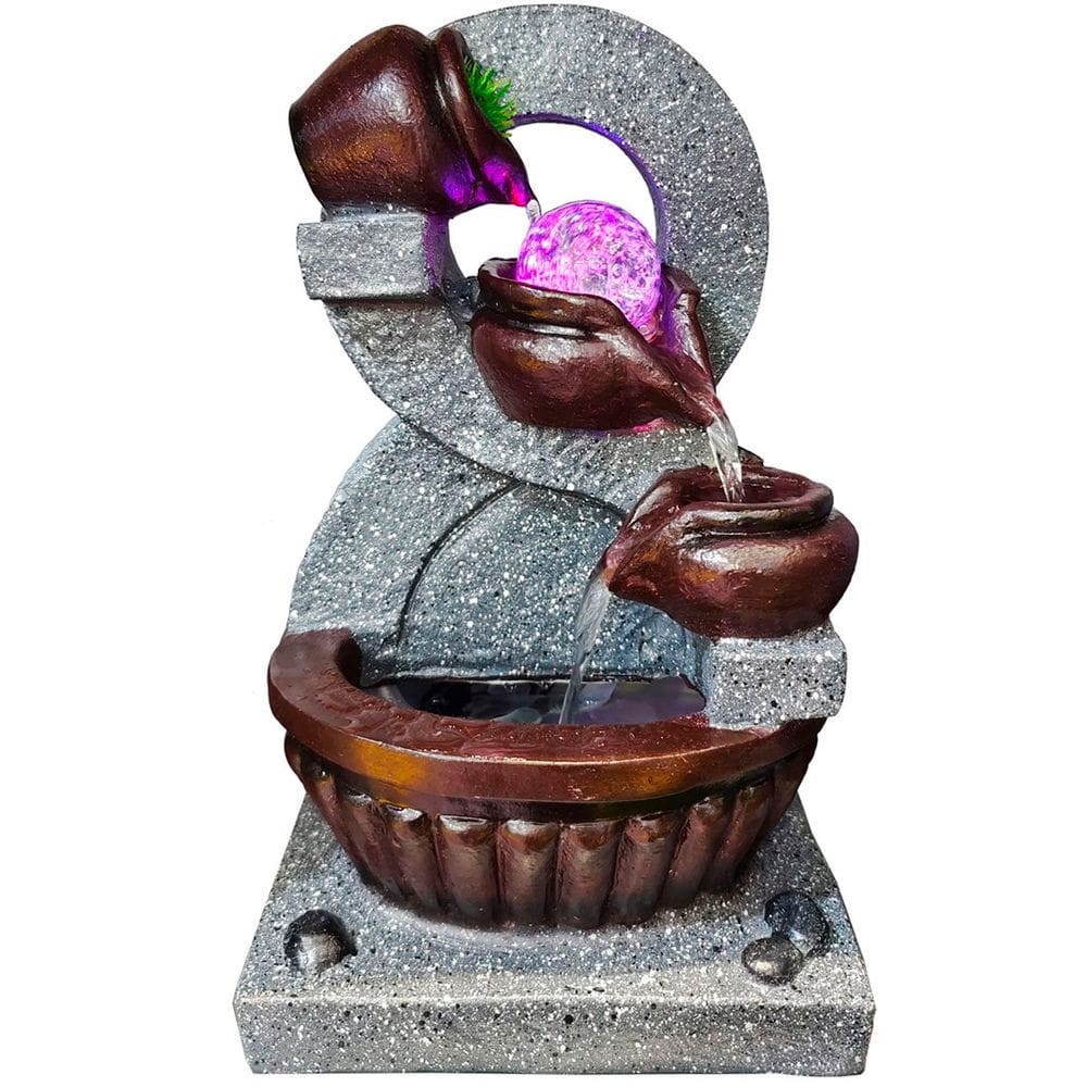 Fonte Água Decorativa Resina Cascata 3 Quedas Bomba LED 33cm