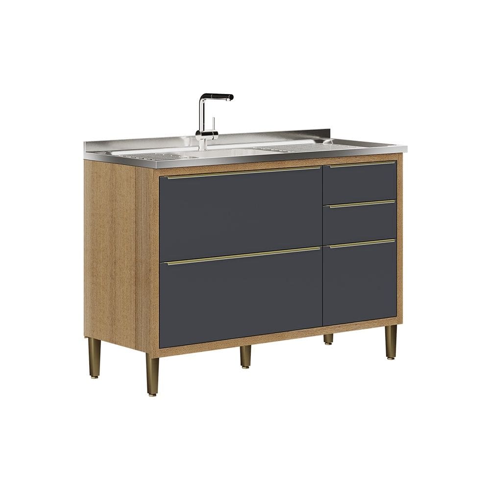 Balcão Paola com Pia e Cuba GhelPlus 120cm 3 Portas 2 Gavetas Carvalho Dakar Grafite Aramóveis