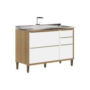Balcão Paola com Pia e Cuba GhelPlus 120cm 3 Portas 2 Gavetas Carvalho Dakar Branco Aramóveis