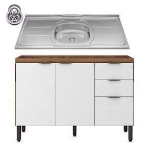 Balcão Firenze com Pia e Cuba GhelPlus 120cm 02 Portas 02 Gavetas Amêndola Touch Branco Demóbile