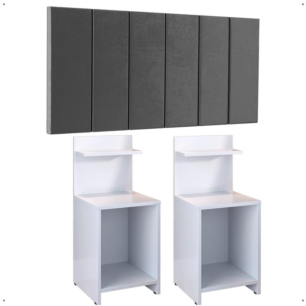 Jogo Quarto 2 Mesas Cabeceira Fantasy Branco Prateleira Nicho Decorativo Painel Suspenso Júlia Cama Box Casal 1,40 Cinza Suede - Lojas RPM