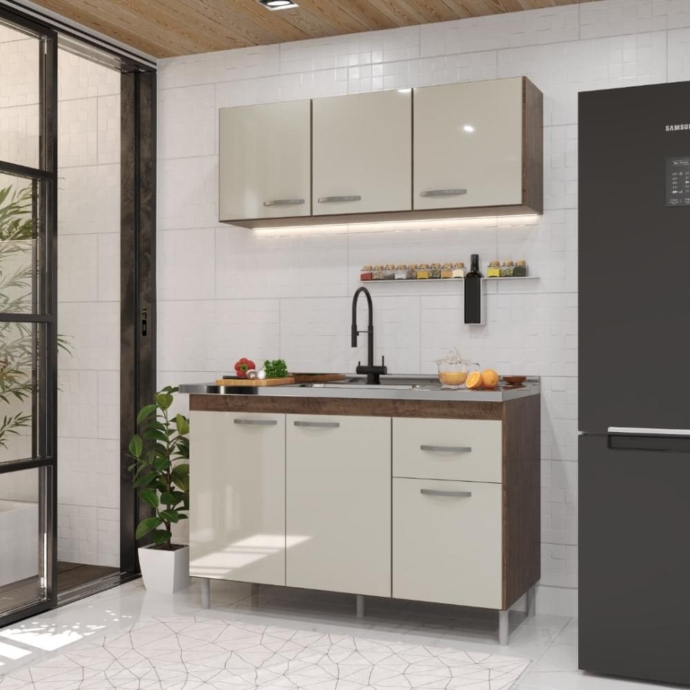 Cozinha Modulada Compacta Fidelitá Suiça 2 Peças 6 Portas 1 Gaveta Sem Tampo Noce/Off-White