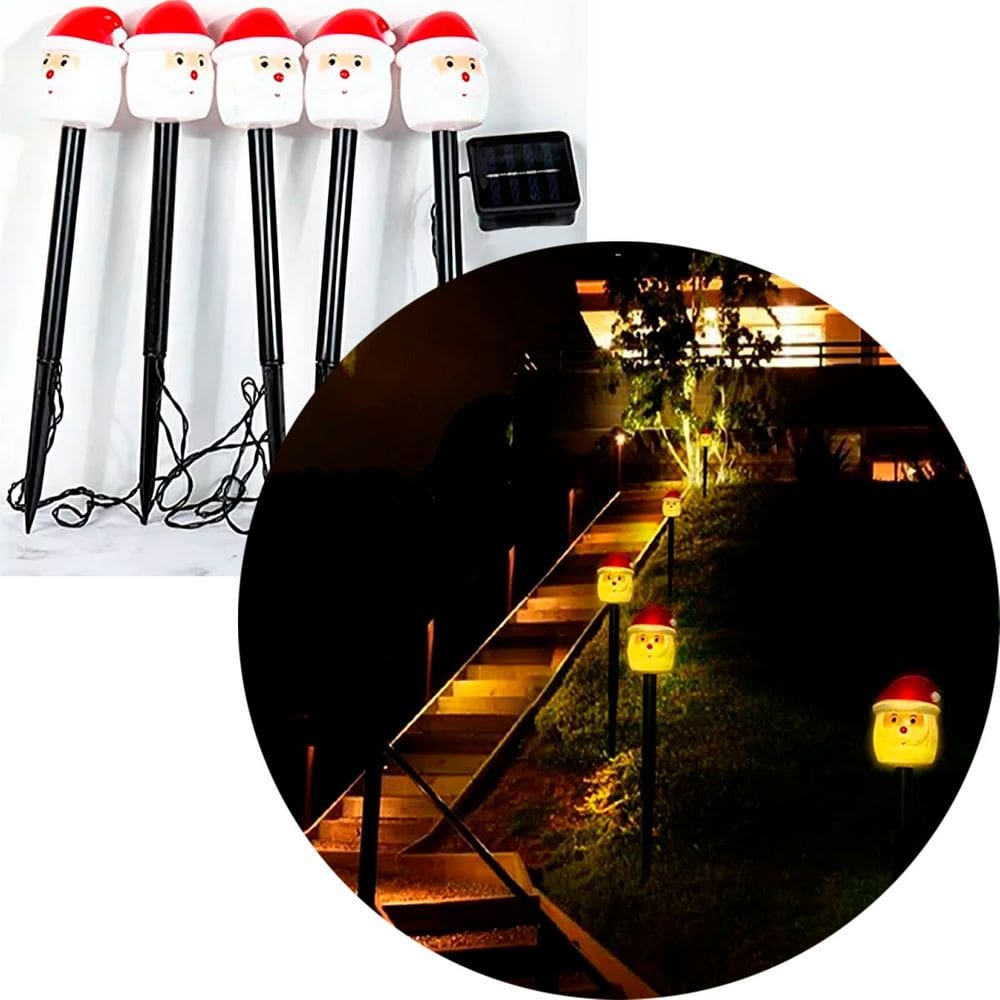 Luminária Jardim Solar Papai Noel Luzes Amarela Natal De 3M