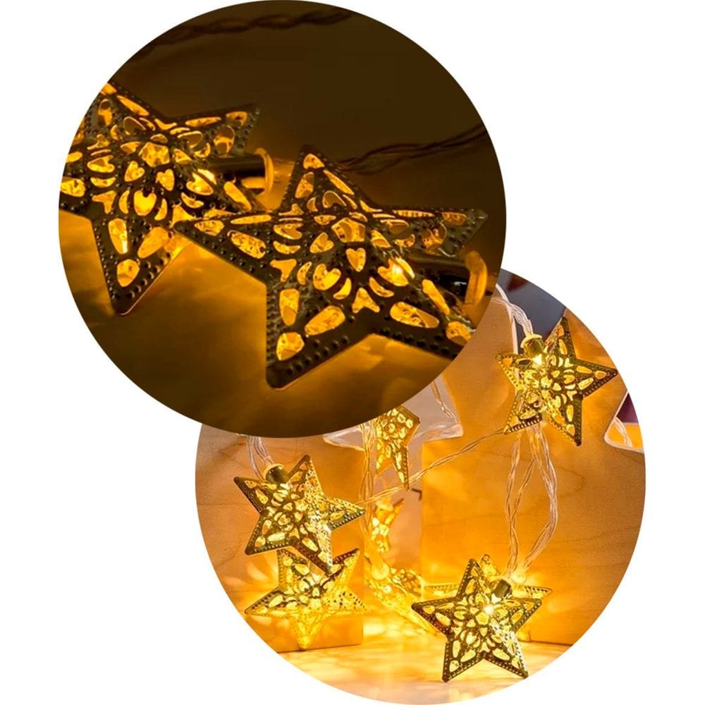 Cordão Luminoso 10 Estrelas LEDs Dourado Enfeite 2,30 Metros