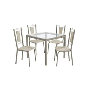 Conjunto Sala de Jantar 4 Cadeiras Mesa Tampo de Vidro Kappesberg Crome Níquel/Nude