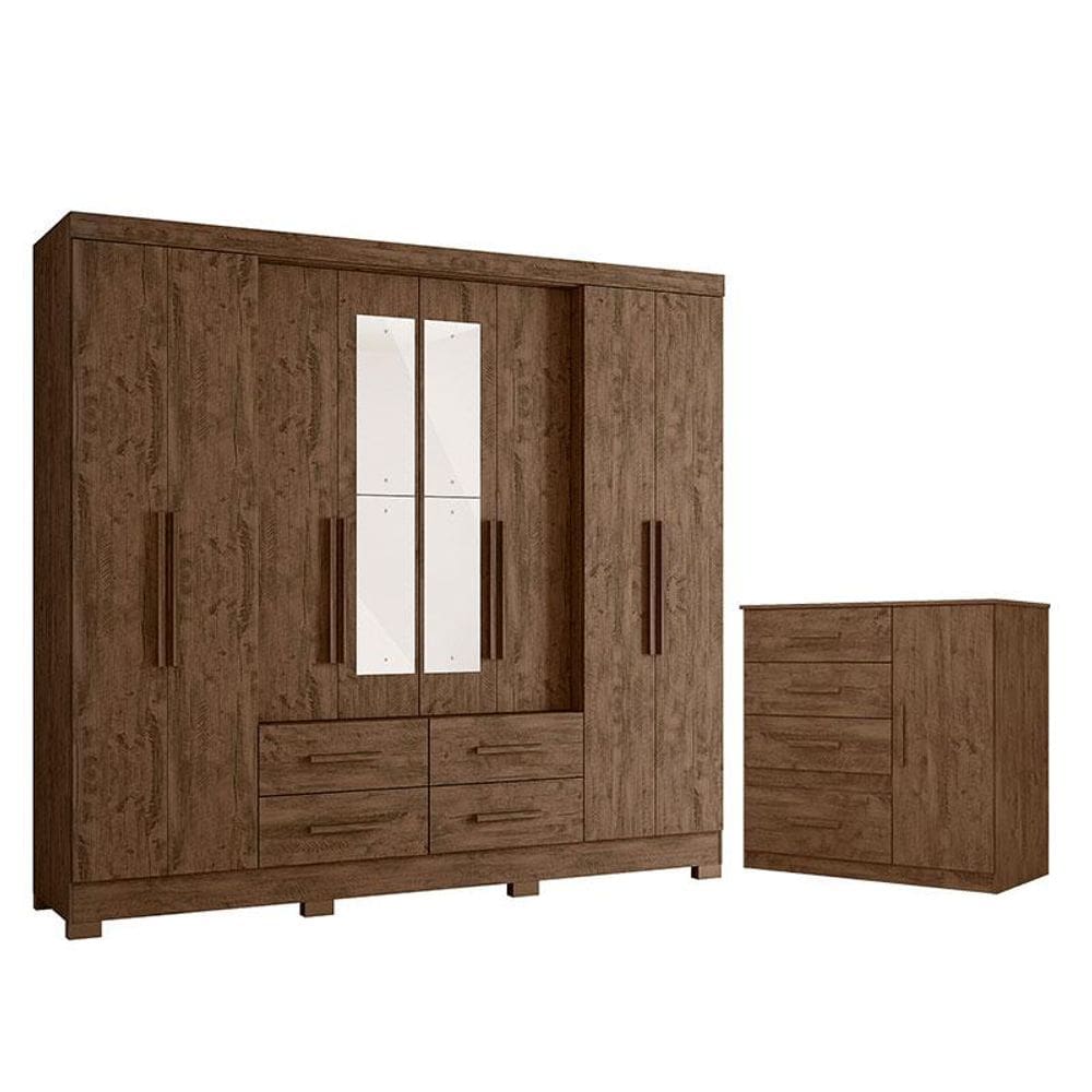 Guarda Roupa Casal San Lorenzo com Espelho e Cômoda Vênus Castanho Wood – Moval