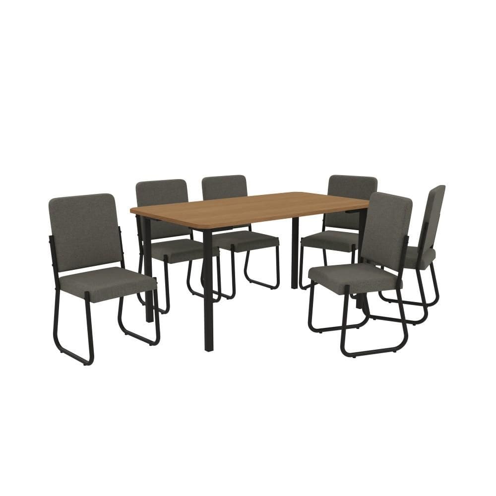 Conjunto Sala de Jantar 6 Cadeiras Mesa Tampo de Madeira Kappesberg Crome Linho Mescla Cinza/Preto