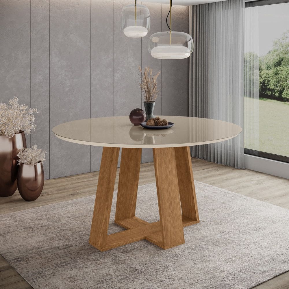 Mesa Lins para 6 lugares Tampo de 140cm redonda com vidro e pes em angulo