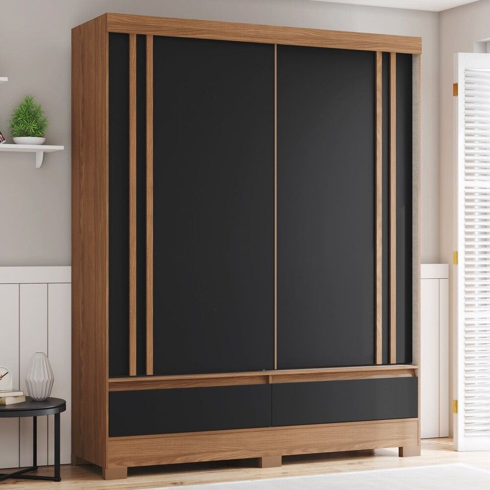 Guarda Roupa 2 Portas deslizantes 2 Gavetas com Pés e Aplique Ripado