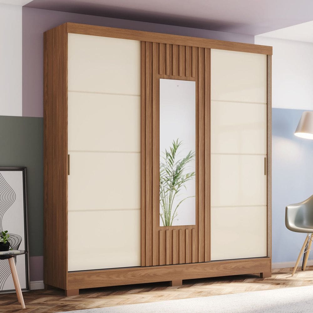 Guarda Roupa 3 Portas Deslizantes com Aplique Ripado 2 Gavetas e Pés em ABS