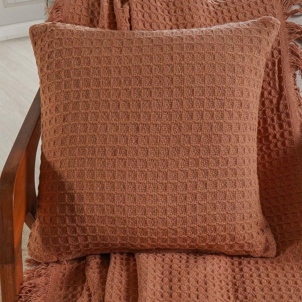 Capa De Almofada Decorativa Waffle 100% Algodão 45x45cm Terracota