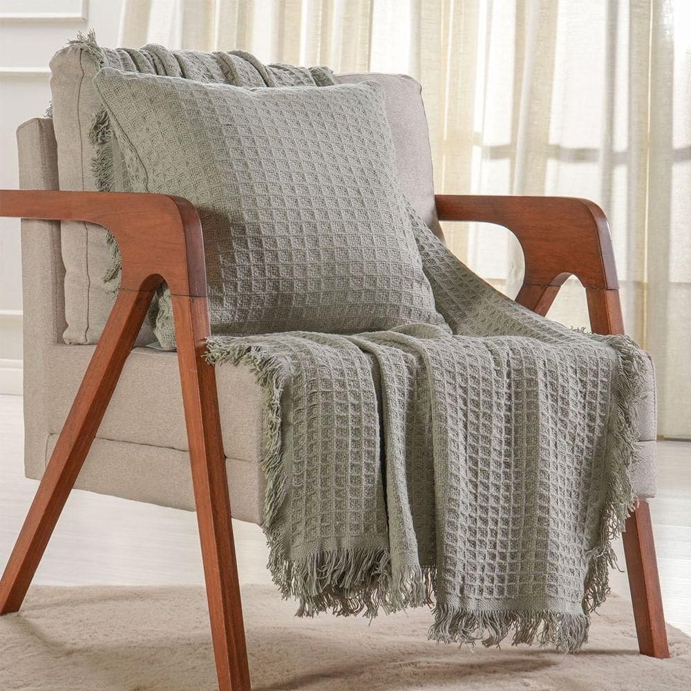 Kit Manta E 2 Capa De Almofada Decorativa Para Sofá Waffle 100% Algodão 120x150cm Verde Alfafa