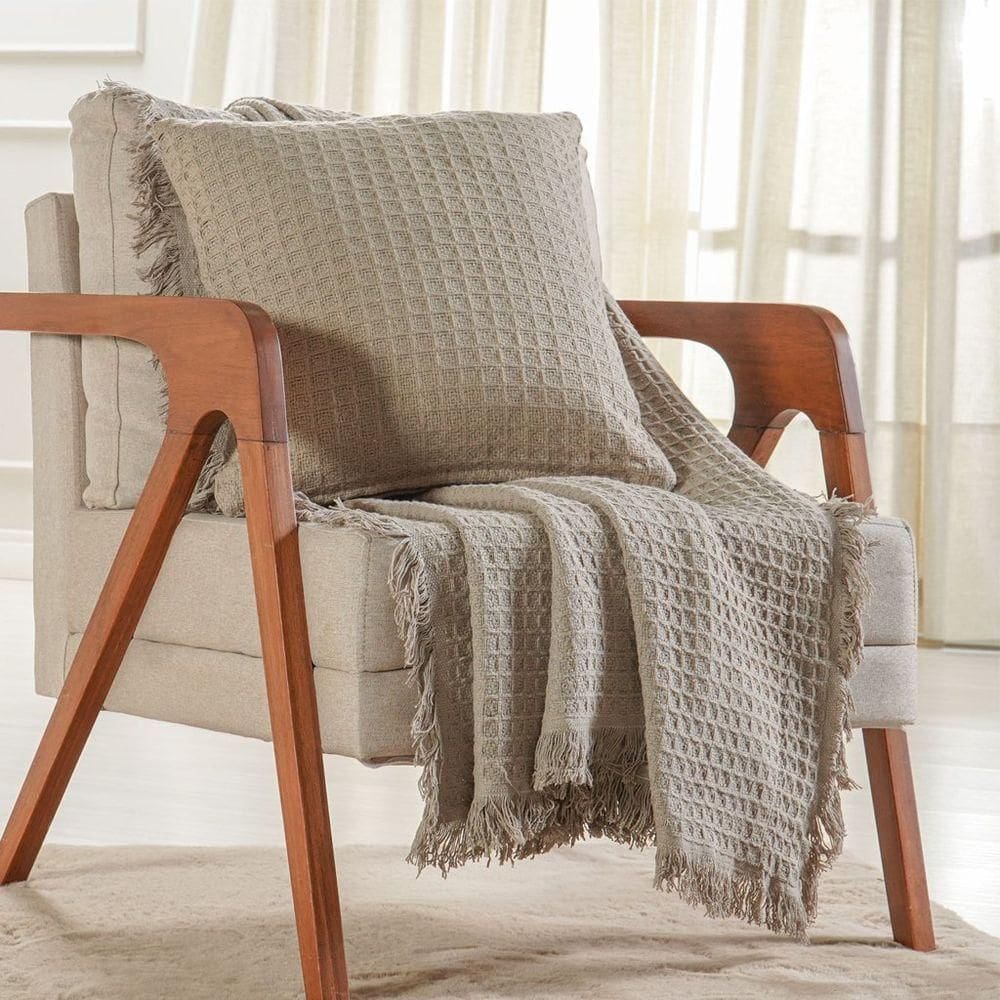 Kit Manta E 2 Capa De Almofada Decorativa Para Sofá Waffle 100% Algodão 120x150cm Cashmere