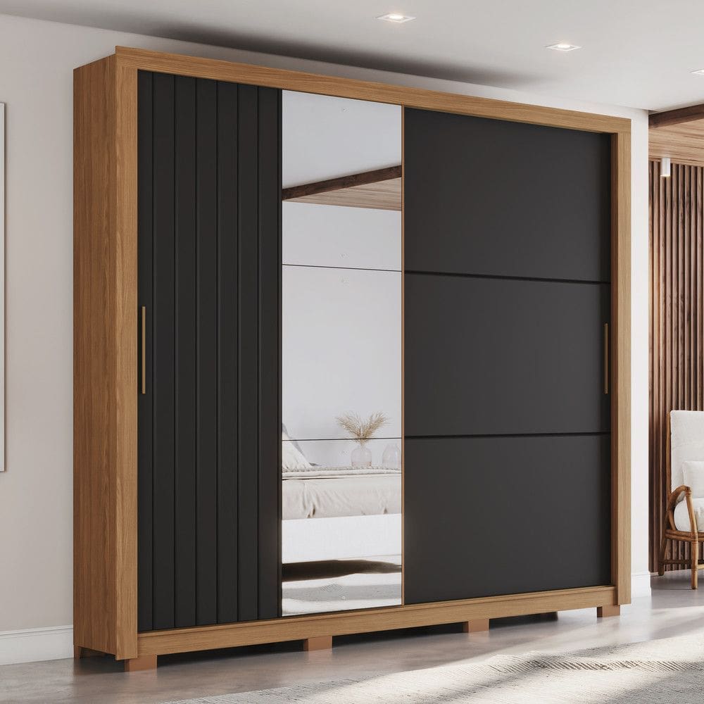 Guarda Roupa Casal Vasti 2 Portas Deslizantes com Detalhe Ripado/Soft 4 Gavetas com Usinagem e Pes Inclusos