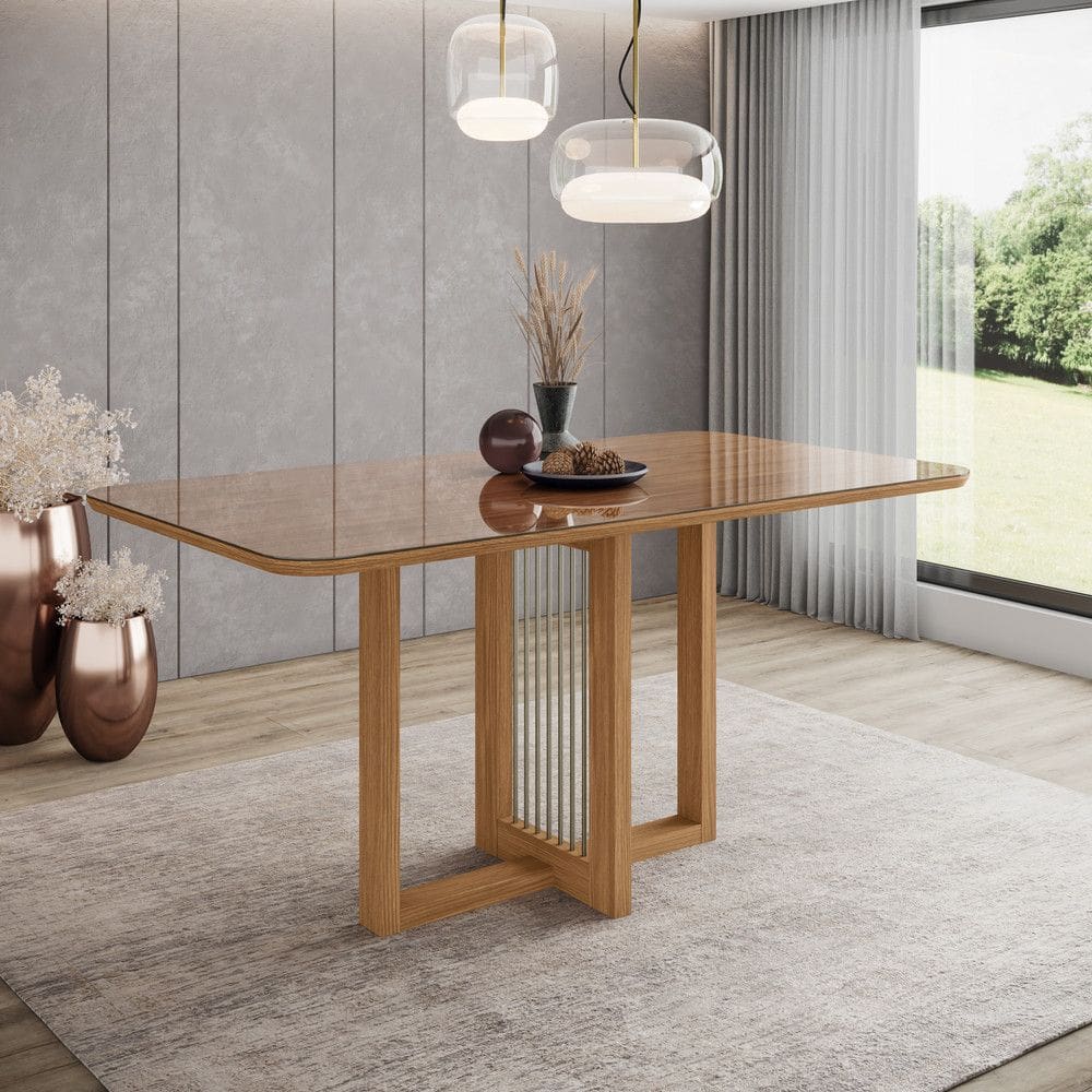 Mesa Natali para 6 lugares Tampo de 160cm canto arredondado com vidro e Detalhe com acabamento em metal
