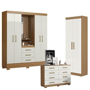 Guarda Roupa Solteiro Paris 2045150 com Armário Multiuso 2 Portas 2000191 e Cômoda 8 Gavetas 2014148 Atacama Off White - Aramóveis